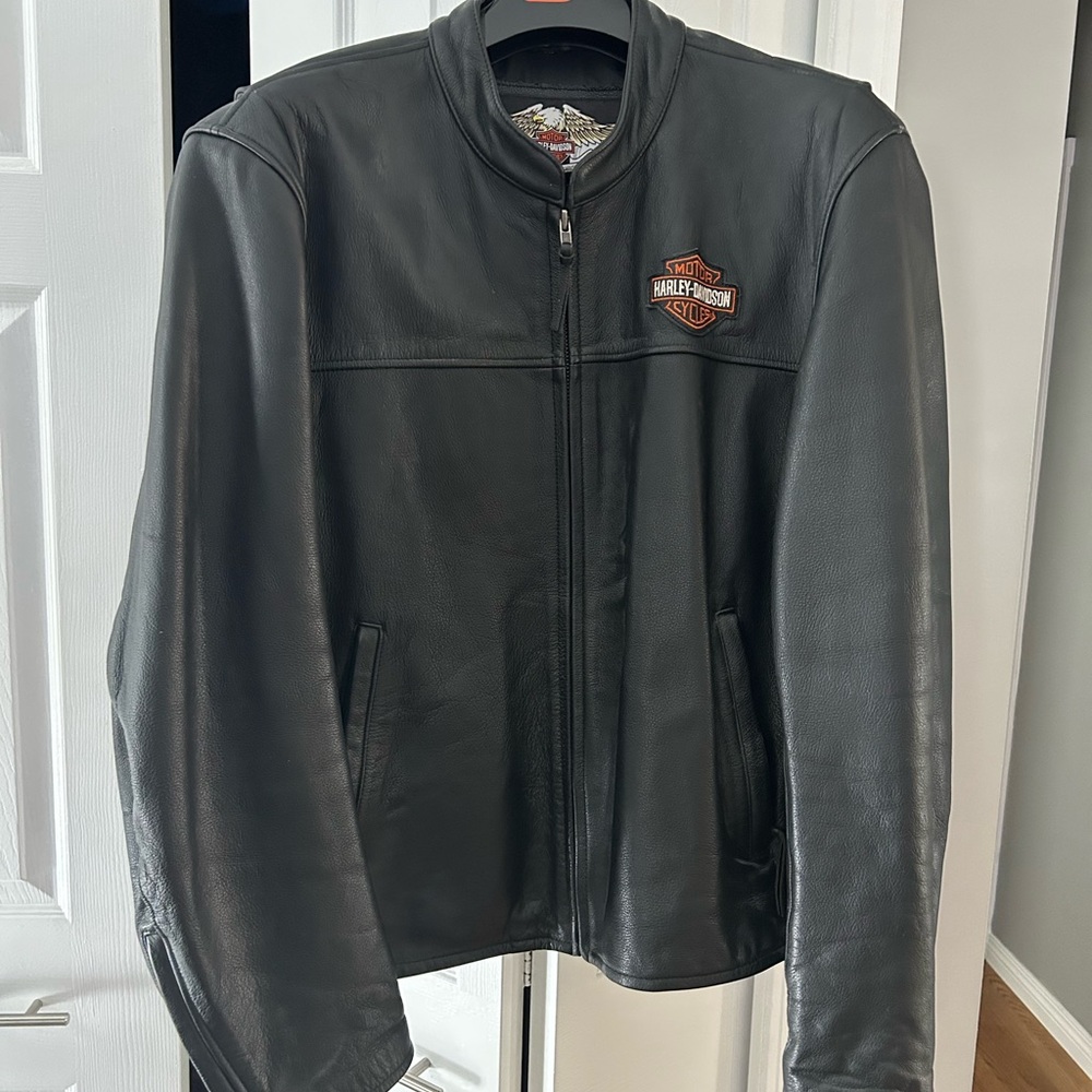 Harley-Davidson Men's Black Leather Jacket with Orange Logo
